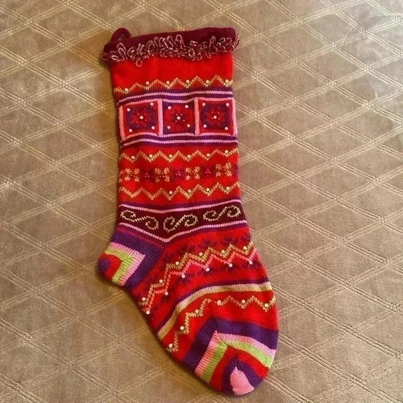Crochet Christmas Stocking with Breading.  Red with Pink, Purple, Green & White. - Picture 1 of 9